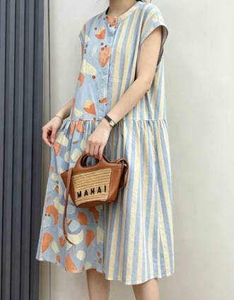 Summer Pure Cotton Round Neck Striped Print Loose Fit A-line Dress