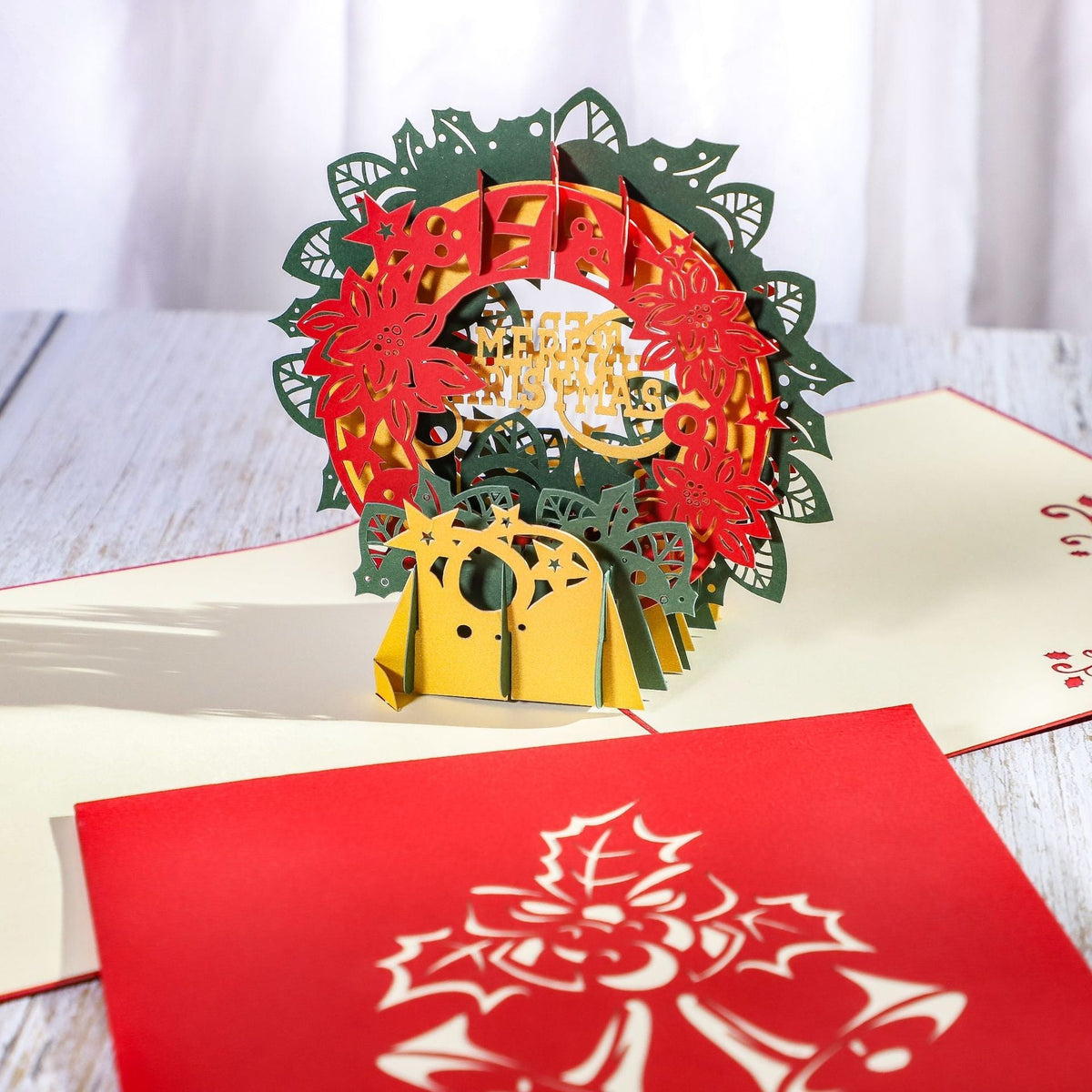 3D Pop Up Greeting Card, Handmade Paper Carved Christmas Wreath, Custom Logo, Christmas Gift