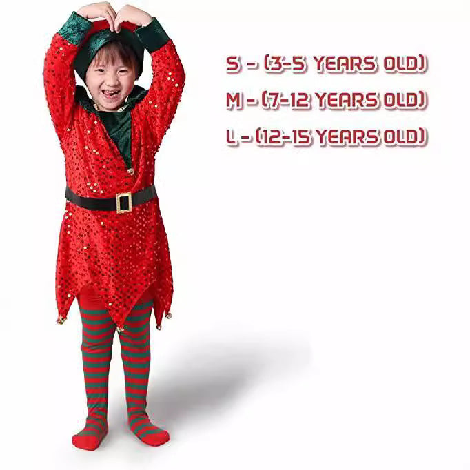 Christmas Children's Elf Costume Green Red Sequin Stage Performance Outfit