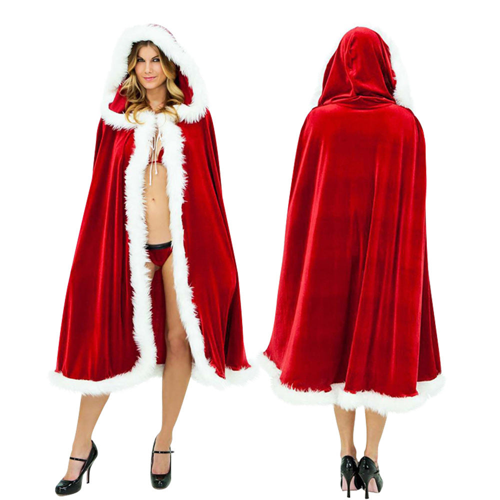 Christmas Cloak Adult Santa Cape Red Velvet Hooded Performance Costume