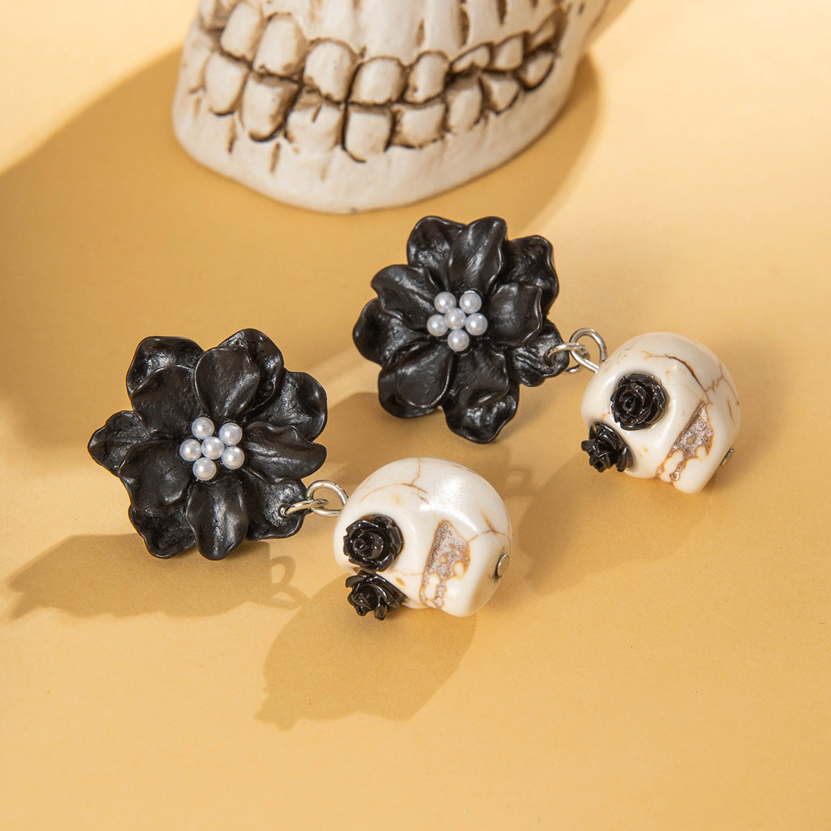 Halloween Dark Skull Camellia Earrings Punk Pearl Flower Dangle