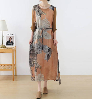Vintage Elegant Pure Linen Ink Wash Print and Silk Splicing Dress
