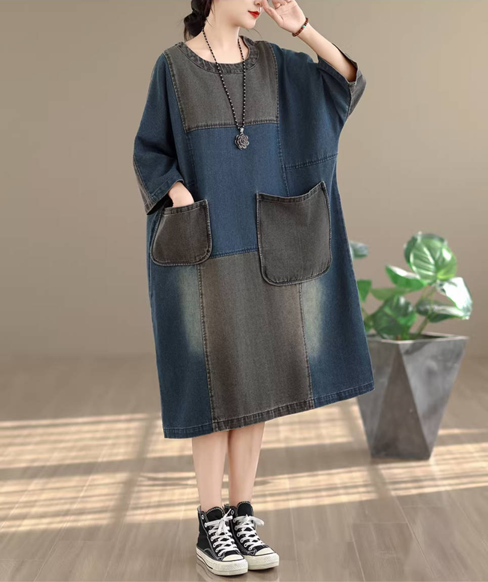 Spring Retro Denim Round Neck Patchwork Pocket Casual Loose Dress