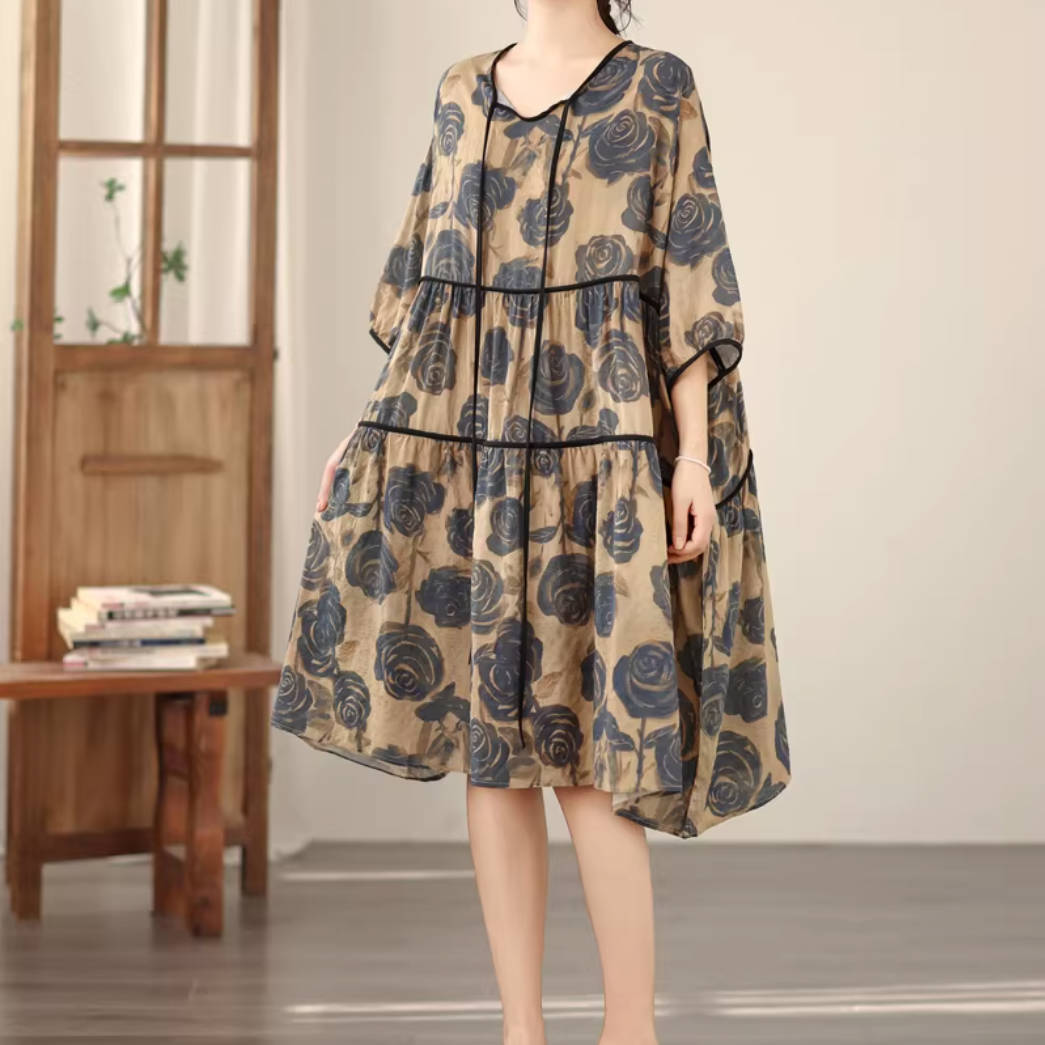 Summer Linen Loose Floral Printed Lace-Up Half Sleeves A-Line Dress