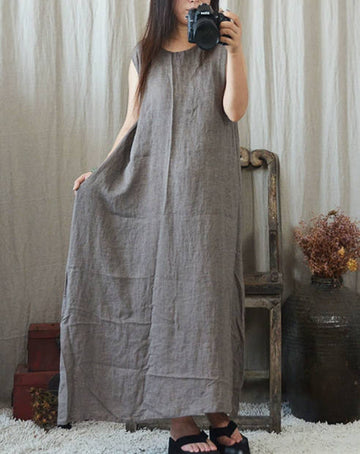 Women Casual Solid Color Sleeveless Cotton Linen Loose Dress