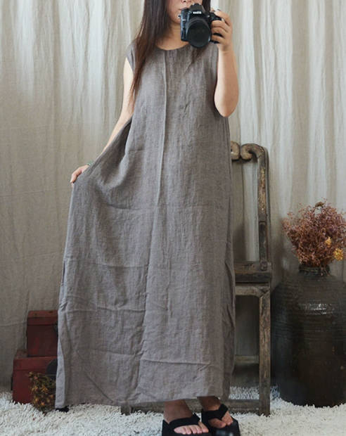 Women Casual Solid Color Sleeveless Cotton Linen Loose Dress