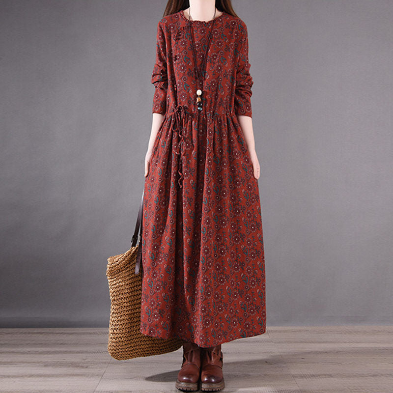Linen Printed Floral Round Neck Long Sleeves Thin A-Line Dress
