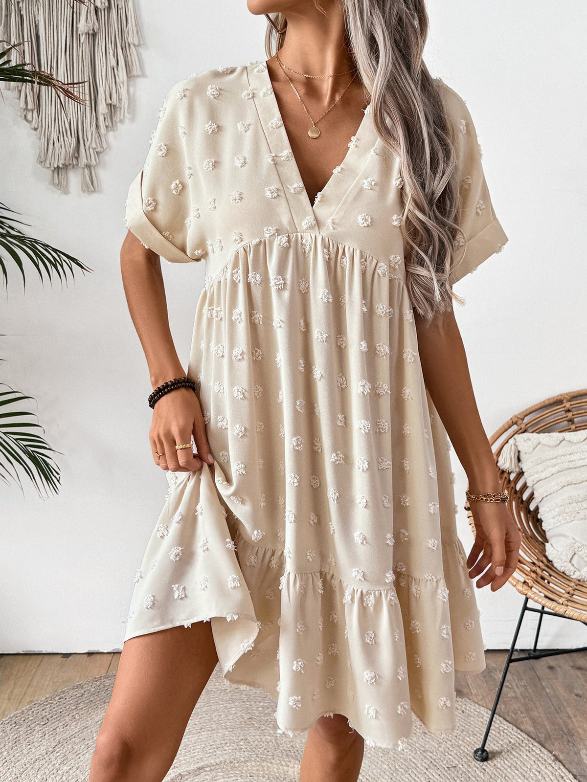Casual V-Neck Solid Color Loose Roll-Up Sleeve Ruffled Dress