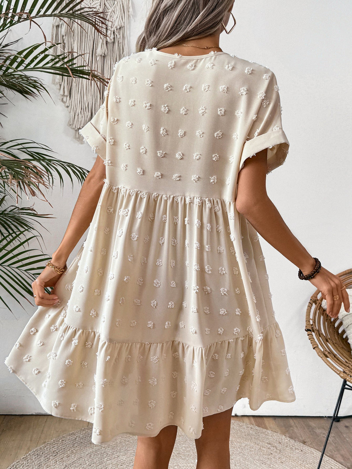 Casual V-Neck Solid Color Loose Roll-Up Sleeve Ruffled Dress