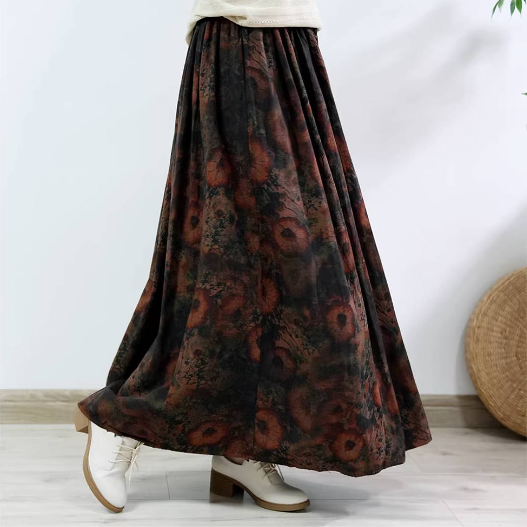 Spring Retro Cotton Linen Printed High Elastic Waist Slim A-Line Skirt