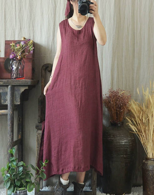 Women Casual Solid Color Sleeveless Cotton Linen Loose Dress