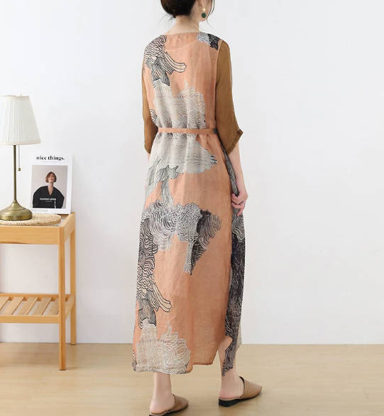 Vintage Elegant Pure Linen Ink Wash Print and Silk Splicing Dress
