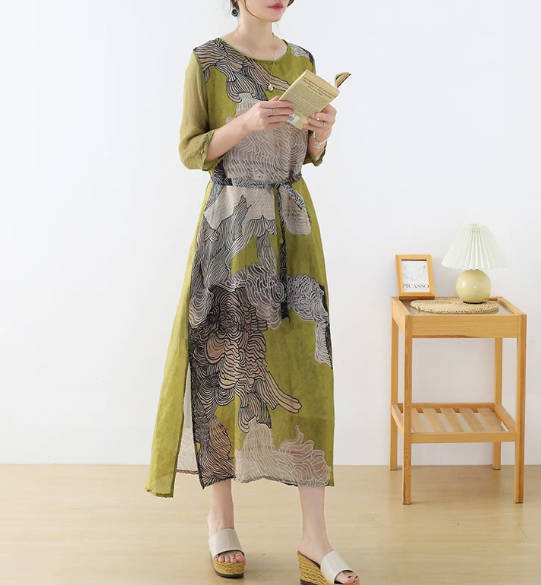 Vintage Elegant Pure Linen Ink Wash Print and Silk Splicing Dress