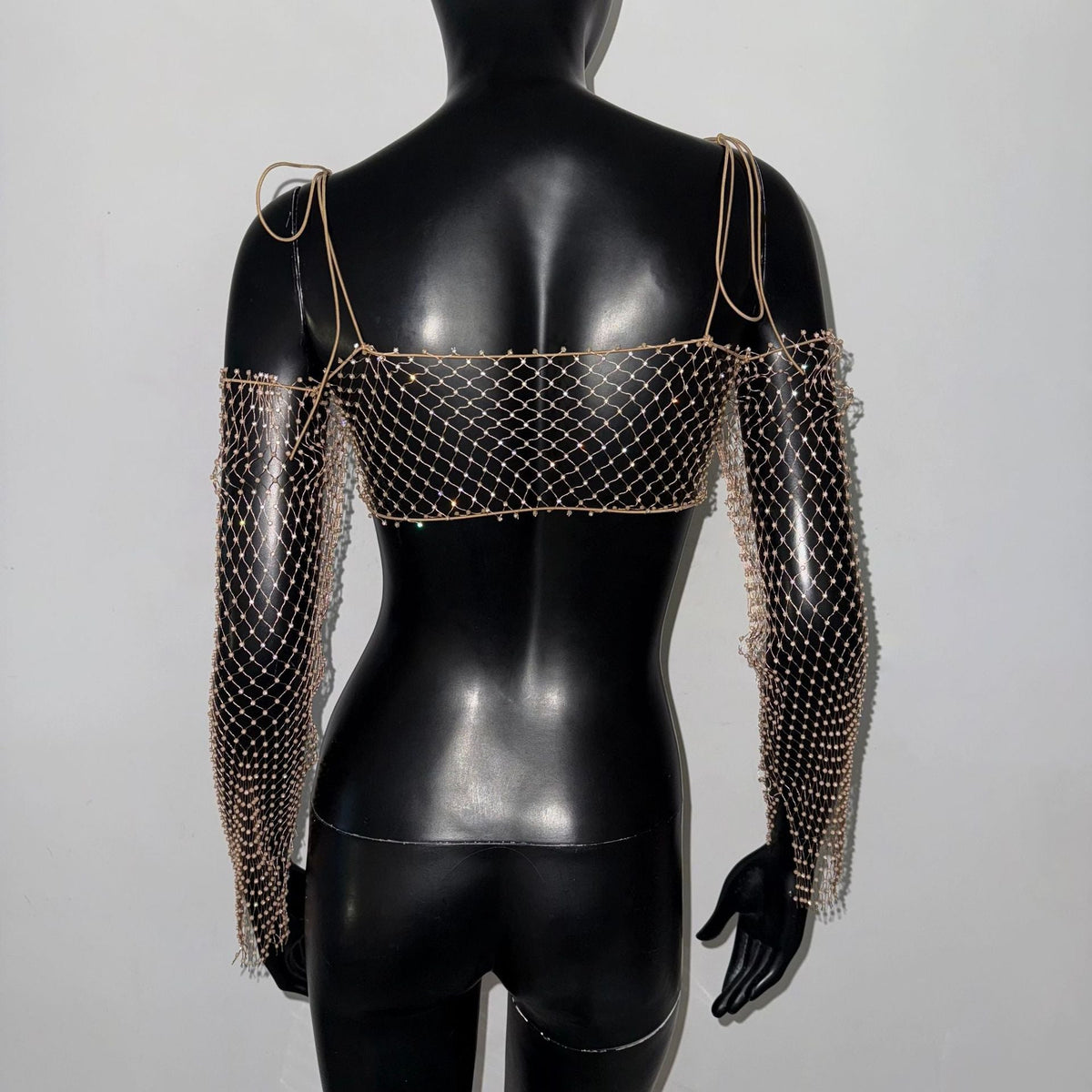 WOMEN'S GOLD RHINESTONE FISHNET CROP TOP
