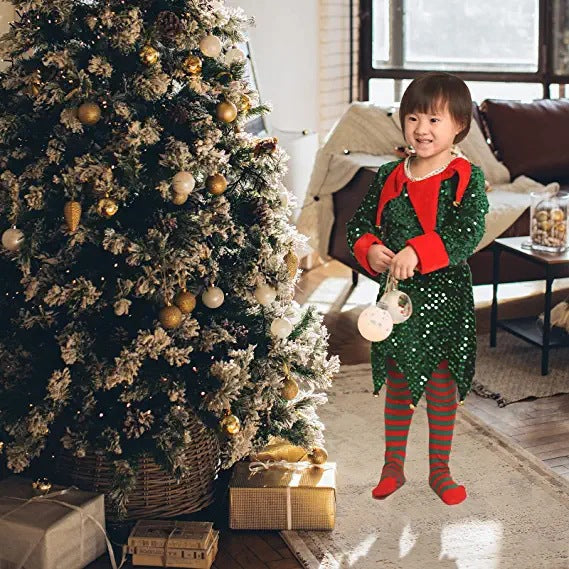Christmas Children's Elf Costume Green Red Sequin Stage Performance Outfit