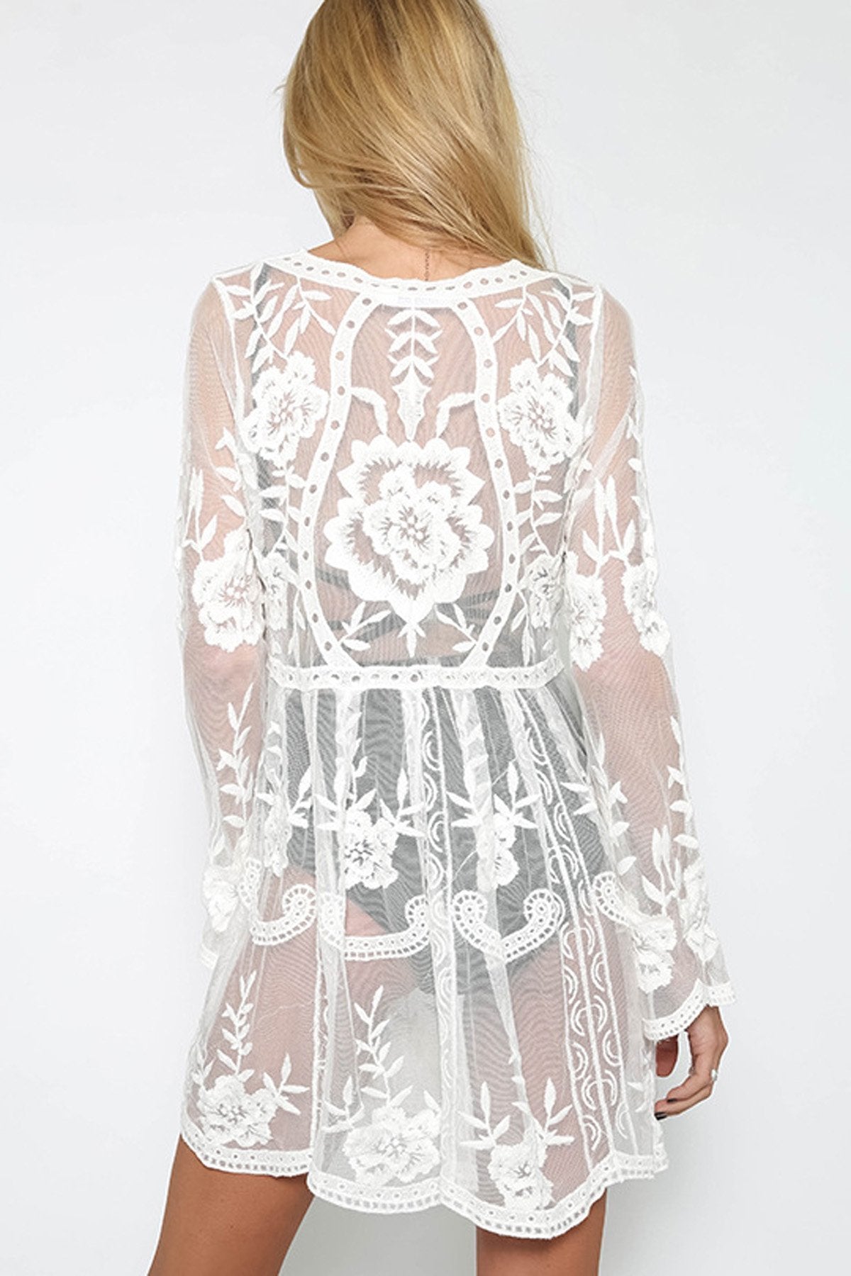 PURE COLOR BOHEMIAN LACE LONG TRUMPET SLEEVES SHORT DRESS