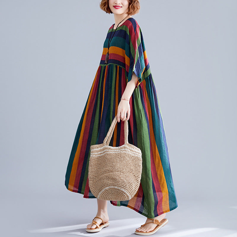 Women Retro Cotton Linen Striped Patchwork Round Neck Dress