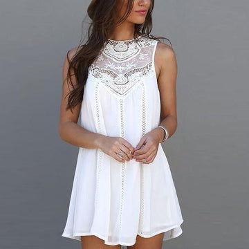 SLEEVELESS CROCHET HOLLOW SHIFT SHORT LOOSE DRESS