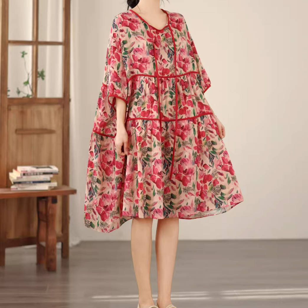Summer Retro Linen Floral Printed Loose Half Sleeves A-Line Dress