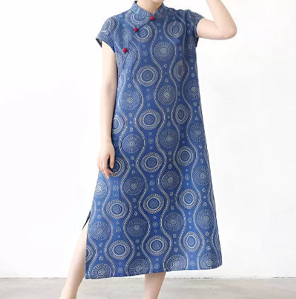 Women Stand Collar Cotton-Linen Printed Vintage Dress