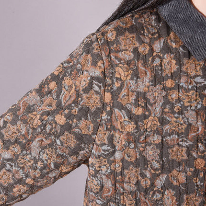 Winter Linen Shirt Collar Long Sleeves Floral Printed Cotton-In Dress