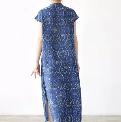 Women Stand Collar Cotton-Linen Printed Vintage Dress