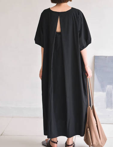 Women Combed Cotton Loose Casual Half-Sleeve Backless Long Dress
