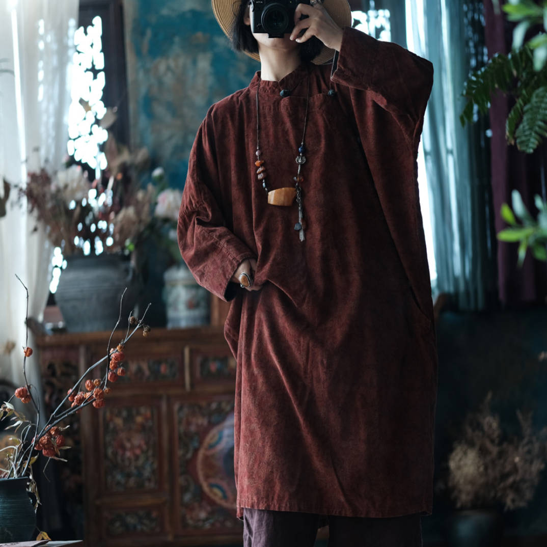 Retro Autumn Plus Size Cotton Stand Collar Red Long Dress