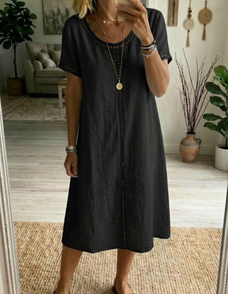 Vintage Solid Color Linen Round Collar Short Sleeve Lace Patchwork Dress