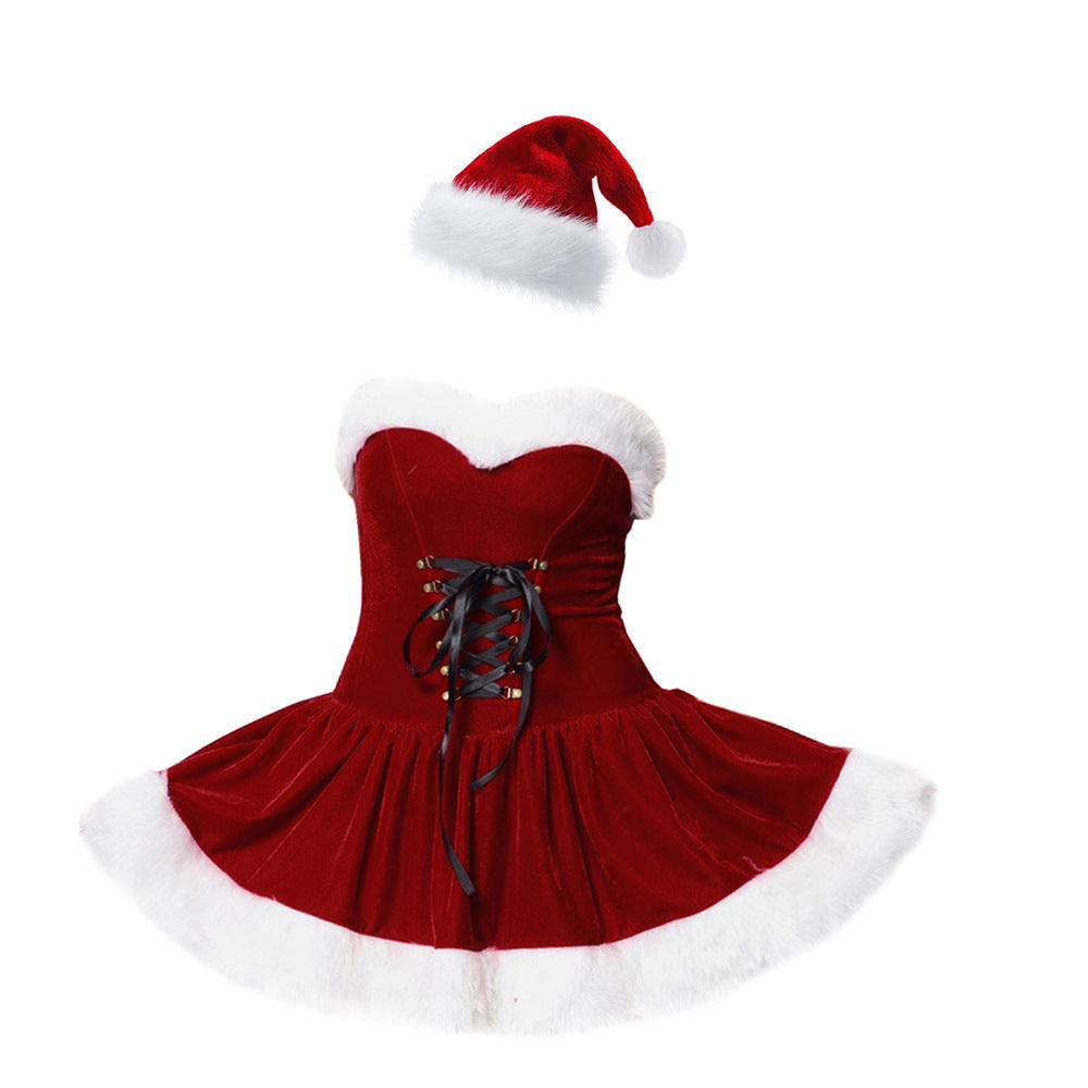 Red Fluffy Christmas Sexy Dress With Cowboy Hat Santa Costume