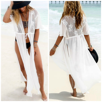 WHITE SPLIT DRAW STRING LONG BEACH COVER UP DRESS