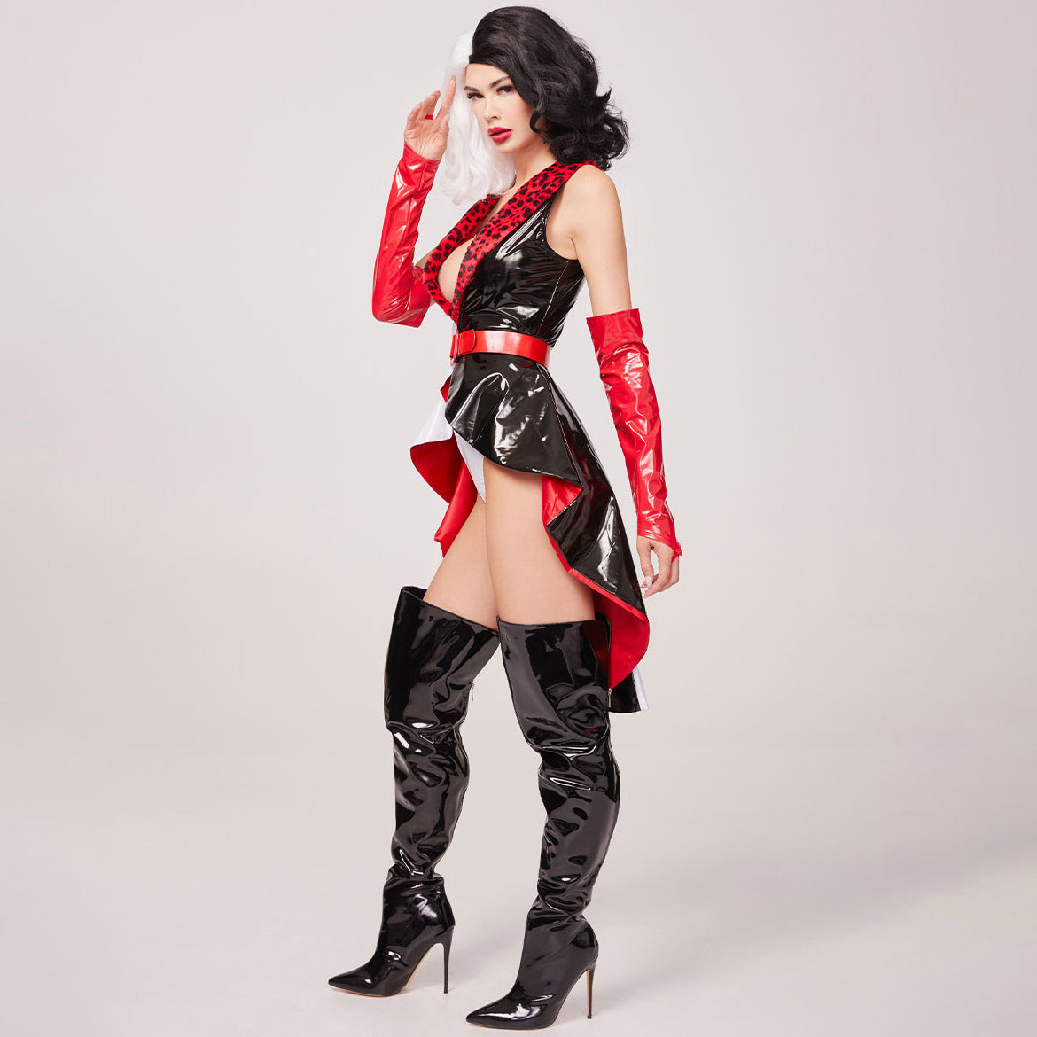 Cruella De Vil Cosplay Costume Black White Spots Halloween Party