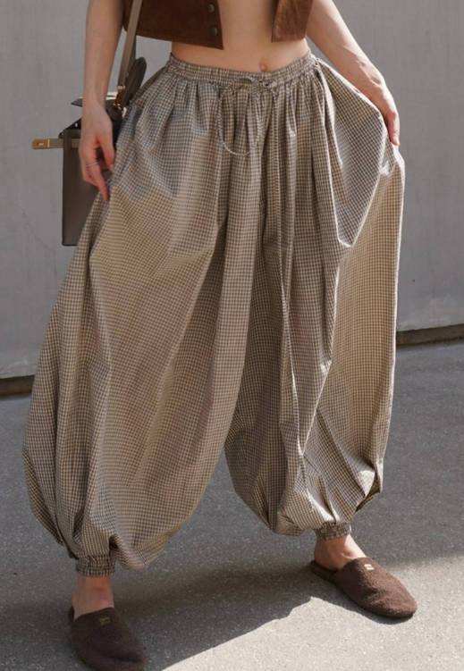 Women Vintage Waist Type Brown Plaid Harem Loose Pants