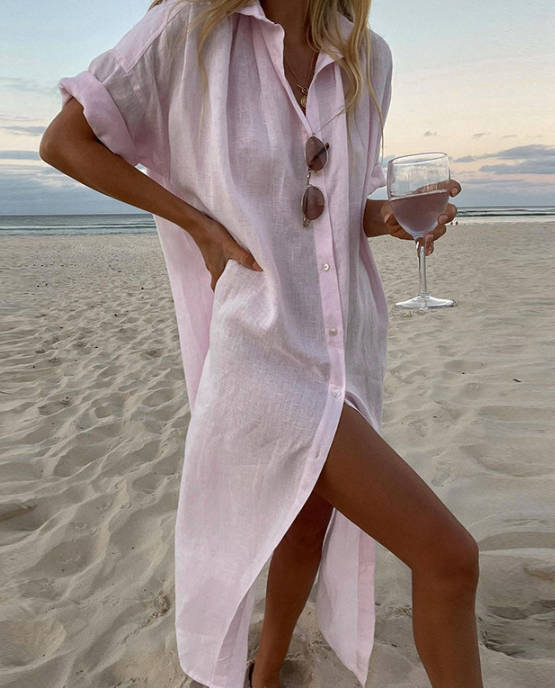 Vintage Solid Color Linen Lapel Collar Long Sleeve Loose Dress