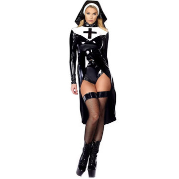S-XXL Halloween Nun Costume PU Leather Punk Cosplay Uniform