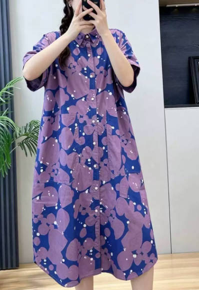 Summer Pure Cotton Lapel Collar Flower Loose Fit A-line Dress