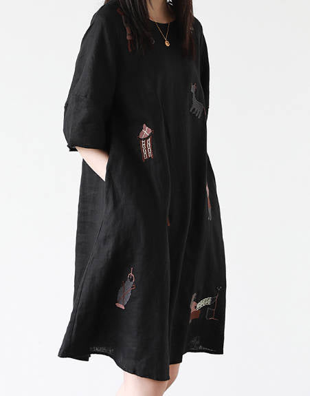 Women Casual Embroidered Linen Round Neck Loose Fit Dress