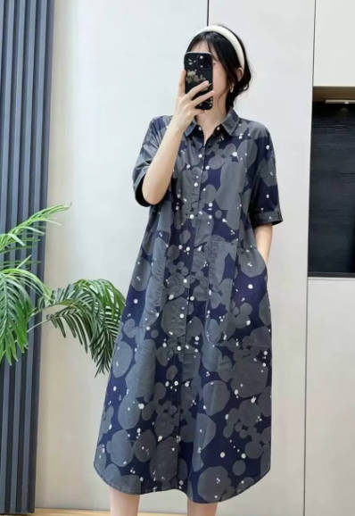Summer Pure Cotton Lapel Collar Flower Loose Fit A-line Dress