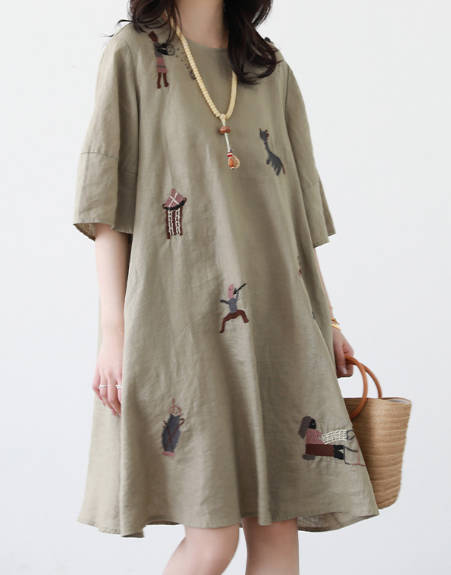 Women Casual Embroidered Linen Round Neck Loose Fit Dress