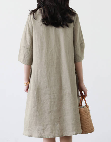 Women Casual Embroidered Linen Round Neck Loose Fit Dress