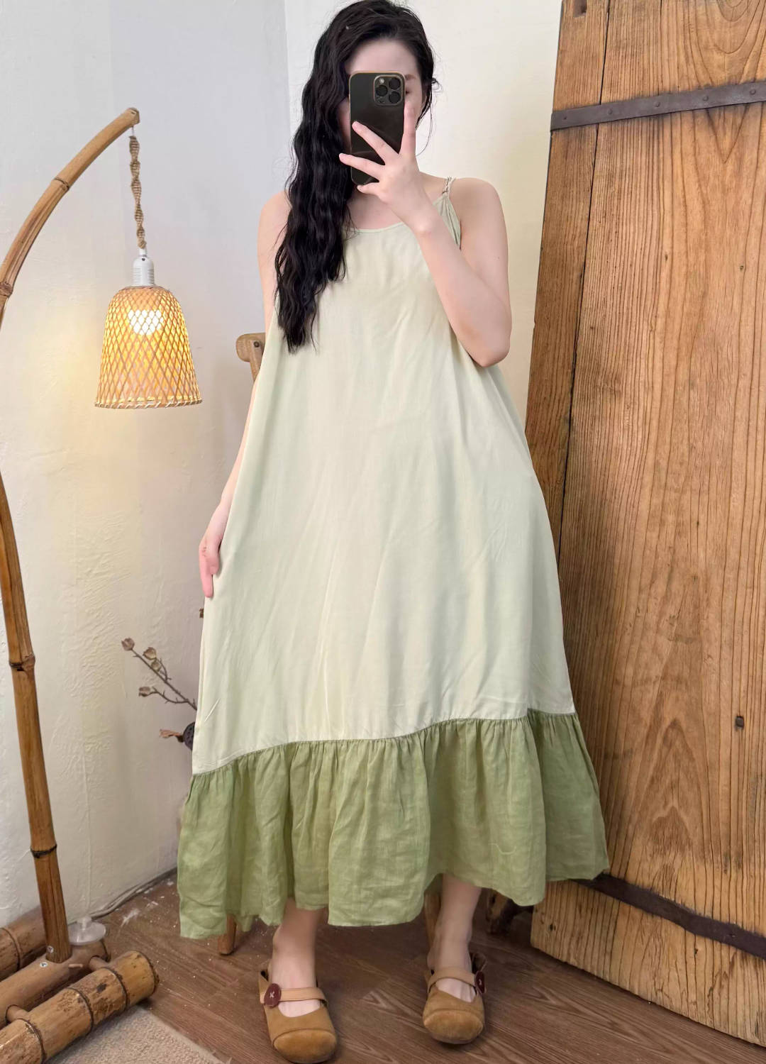 Spring Cotton Ramie Patchwork Colorful Sleeveless Casual Dress