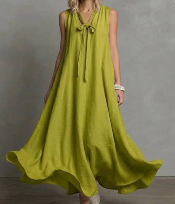 Spring Elegant Linen V-neck Tie Waist Sleeveless Dress