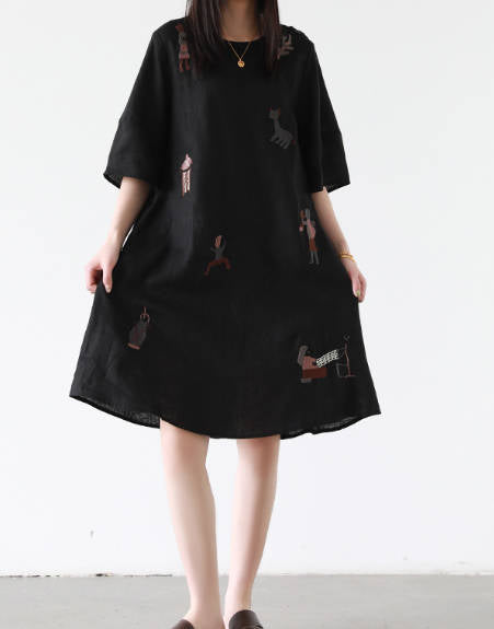 Women Casual Embroidered Linen Round Neck Loose Fit Dress