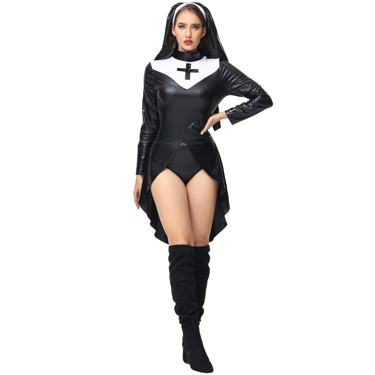 S-XXL Halloween Nun Costume PU Leather Punk Cosplay Uniform