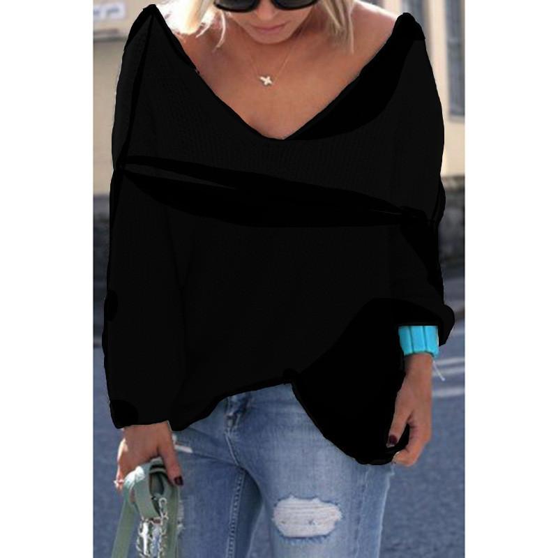 V-NECK LOOSE KNIT PURE COLOR PULLOVER SWEATER