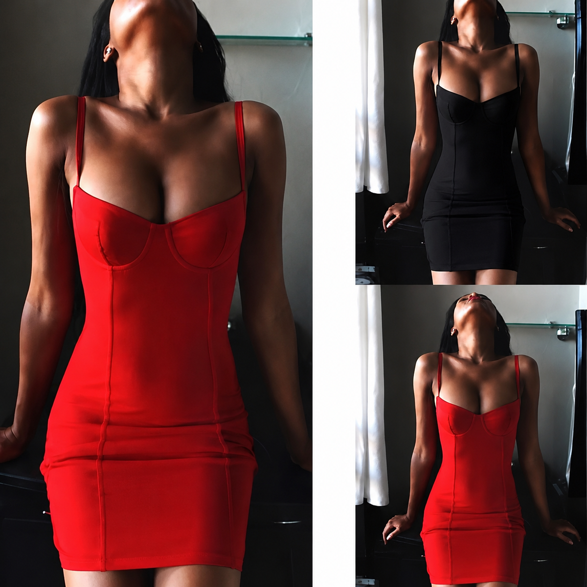 Women's black slim fit mini dress featuring spaghetti straps and flattering V-neck design