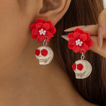 Halloween Dark Skull Camellia Earrings Punk Pearl Flower Dangle