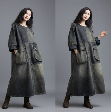 Loose Denim Patchwork Maxi Dress with Round Neck and Big Pockets