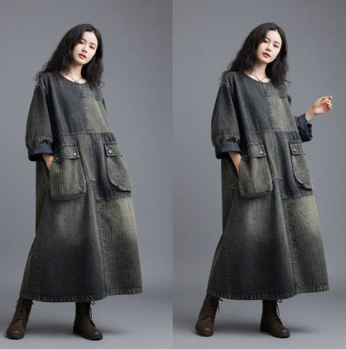 Loose Denim Patchwork Maxi Dress with Round Neck and Big Pockets