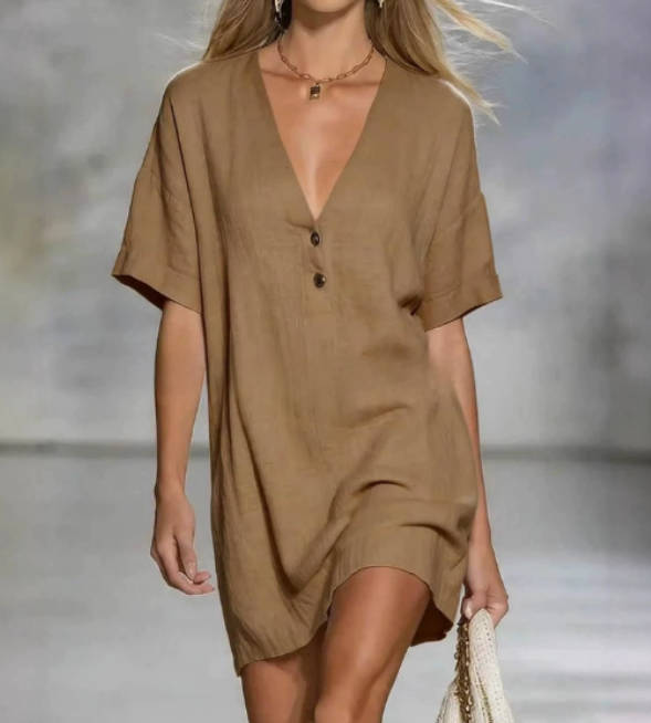 Women Loose Casual Cotton Linen V-Neck Short Sleeves Dress